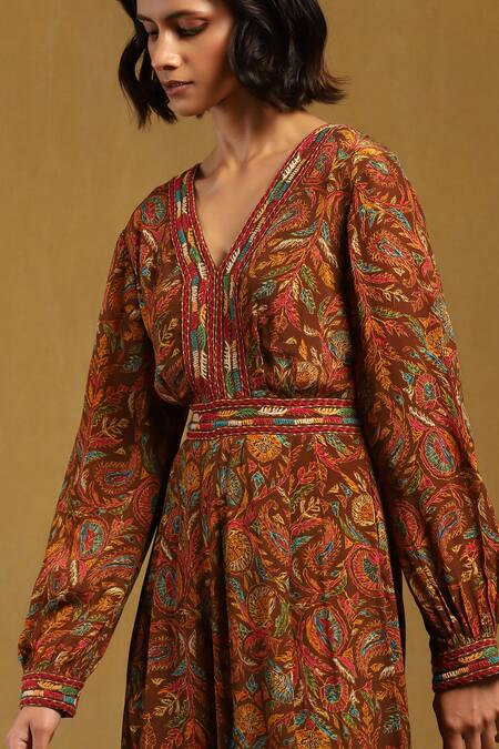Shop_Ritu Kumar_Brown Viscose Embroidery V-neck Sophie Floral Pattern Jumpsuit _Online_at_Aza_Fashions