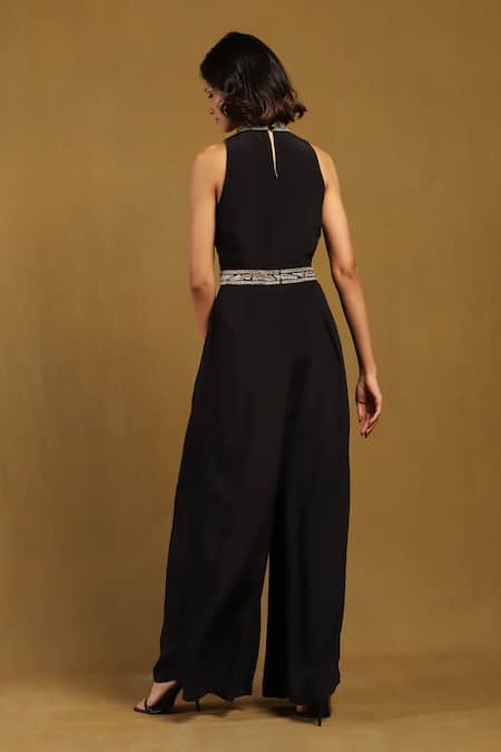 Shop Ritu Kumar Black Viscose Crepe Embroidered Thread High Round Elec Yoke Jumpsuit at Aza Fashions Shop_Ritu Kumar_Black Viscose Crepe Embroidered Thread High Round Elec Yoke Jumpsuit _at_Aza_Fashions