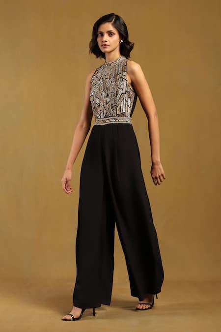 Ritu Kumar Black Viscose Crepe Embroidered Thread High Round Elec Yoke Jumpsuit Online at Aza Fashions Ritu Kumar_Black Viscose Crepe Embroidered Thread High Round Elec Yoke Jumpsuit _Online_at_Aza_Fashions