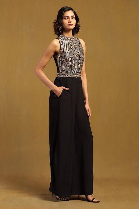 Buy Ritu Kumar Black Viscose Crepe Embroidered Thread High Round Elec Yoke Jumpsuit Online at Aza Fashions Buy_Ritu Kumar_Black Viscose Crepe Embroidered Thread High Round Elec Yoke Jumpsuit _Online_at_Aza_Fashions
