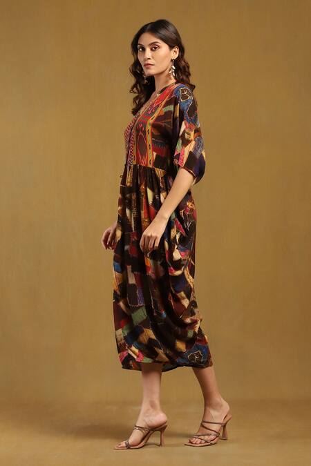 Ritu Kumar Brown Viscose, Crepe Patchwork V-neck Embroidered Kaftan Dress Online at Aza Fashions Ritu Kumar_Brown Viscose, Crepe Patchwork V-neck Embroidered Kaftan Dress _Online_at_Aza_Fashions