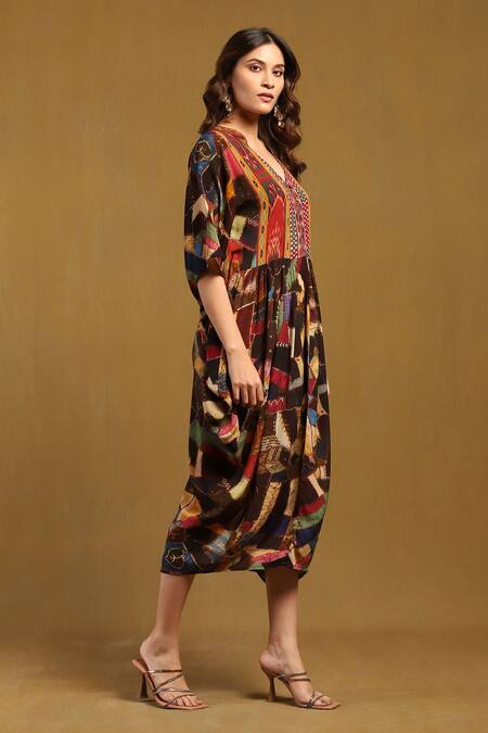 Buy Ritu Kumar Brown Viscose, Crepe Patchwork V-neck Embroidered Kaftan Dress Online at Aza Fashions Buy_Ritu Kumar_Brown Viscose, Crepe Patchwork V-neck Embroidered Kaftan Dress _Online_at_Aza_Fashions