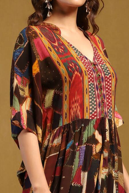 Shop Ritu Kumar Brown Viscose, Crepe Patchwork V-neck Embroidered Kaftan Dress Online at Aza Fashions Shop_Ritu Kumar_Brown Viscose, Crepe Patchwork V-neck Embroidered Kaftan Dress _Online_at_Aza_Fashions