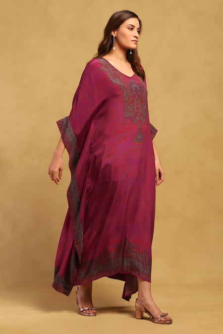 Buy_Ritu Kumar_Pink Viscose V-neck Aboriginal Paisley Pattern Kaftan With Camisole _Online_at_Aza_Fashions