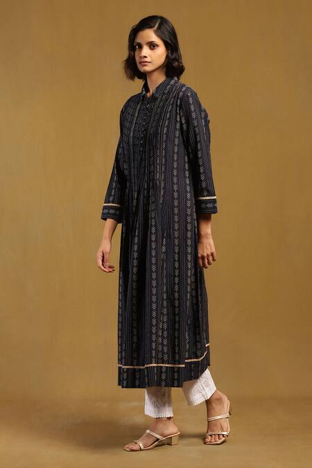 Ritu Kumar_Blue , Satin Collared Nirvi Yarn Dyed Kurta_Online_at_Aza_Fashions