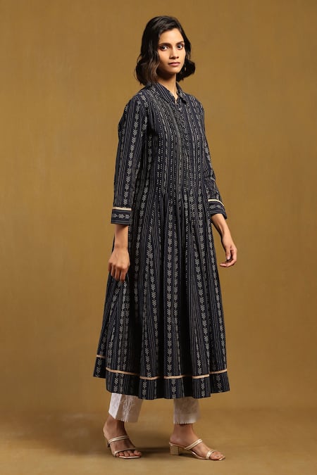 Buy_Ritu Kumar_Blue , Satin Collared Nirvi Yarn Dyed Kurta_Online_at_Aza_Fashions