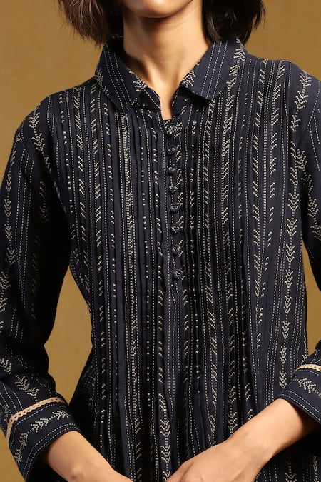 Shop_Ritu Kumar_Blue , Satin Collared Nirvi Yarn Dyed Kurta_Online_at_Aza_Fashions