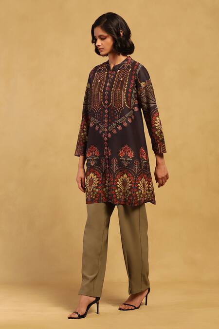 Ritu Kumar_Black Cotton, Voile Embroidery Mandarin Collar Kiraj Asymmetric Kurta_Online_at_Aza_Fashions