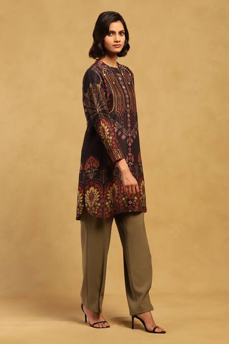 Buy_Ritu Kumar_Black Cotton, Voile Embroidery Mandarin Collar Kiraj Asymmetric Kurta_Online_at_Aza_Fashions