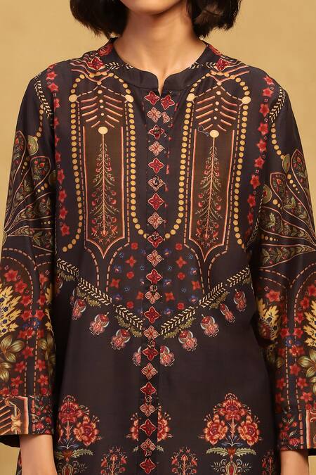 Shop_Ritu Kumar_Black Cotton, Voile Embroidery Mandarin Collar Kiraj Asymmetric Kurta_Online_at_Aza_Fashions