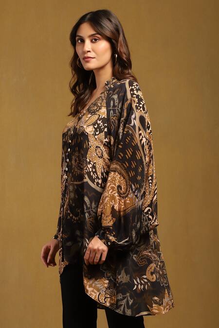 Buy_Ritu Kumar_Black Viscose, Crepe Collared, V-neck Dewey Kurta_Online_at_Aza_Fashions