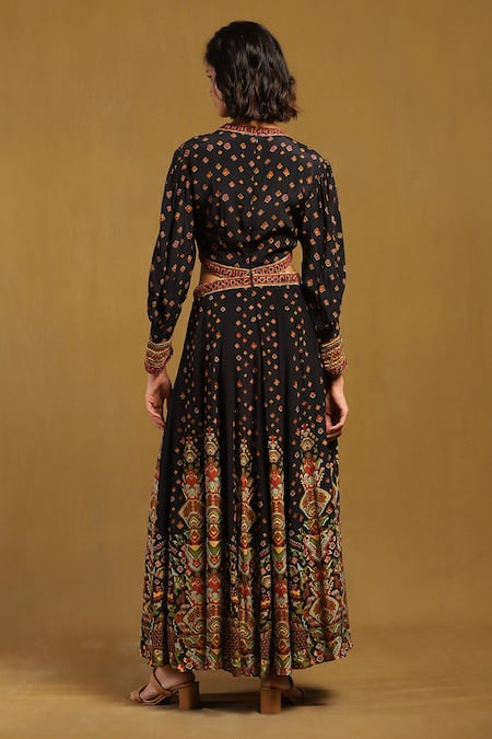 Shop Ritu Kumar Black Cotton, Voile Embroidery Collared, Gopuram Abstract Pattern Maxi Dress at Aza Fashions Shop_Ritu Kumar_Black Cotton, Voile Embroidery Collared, Gopuram Abstract Pattern Maxi Dress _at_Aza_Fashions