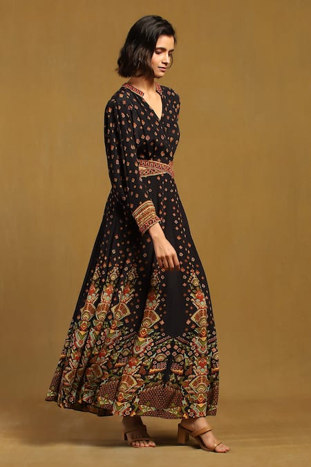 Buy Ritu Kumar Black Cotton, Voile Embroidery Collared, Gopuram Abstract Pattern Maxi Dress Online at Aza Fashions Buy_Ritu Kumar_Black Cotton, Voile Embroidery Collared, Gopuram Abstract Pattern Maxi Dress _Online_at_Aza_Fashions