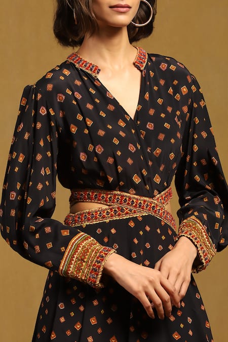 Shop Ritu Kumar Black Cotton, Voile Embroidery Collared, Gopuram Abstract Pattern Maxi Dress Online at Aza Fashions Shop_Ritu Kumar_Black Cotton, Voile Embroidery Collared, Gopuram Abstract Pattern Maxi Dress _Online_at_Aza_Fashions