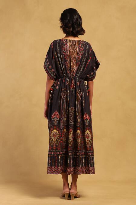 Shop Ritu Kumar Black Cotton, Voile Embroidery Round Neck Kiraj Abstract Pattern Gathered Dress at Aza Fashions Shop_Ritu Kumar_Black Cotton, Voile Embroidery Round Neck Kiraj Abstract Pattern Gathered Dress_at_Aza_Fashions