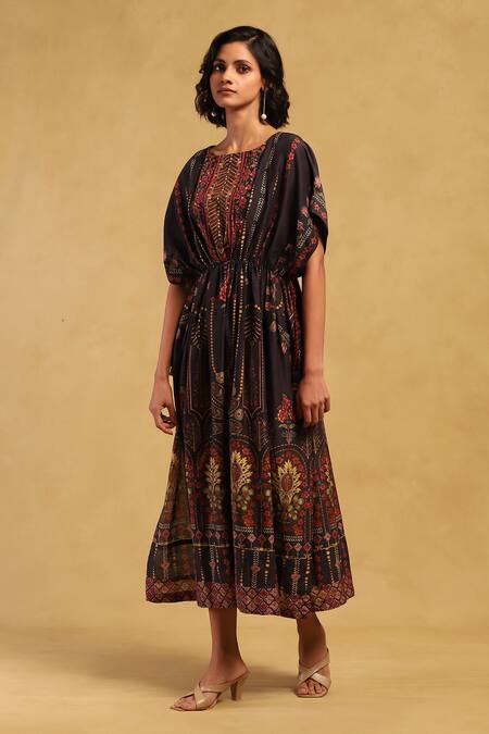 Ritu Kumar Black Cotton, Voile Embroidery Round Neck Kiraj Abstract Pattern Gathered Dress Online at Aza Fashions Ritu Kumar_Black Cotton, Voile Embroidery Round Neck Kiraj Abstract Pattern Gathered Dress_Online_at_Aza_Fashions