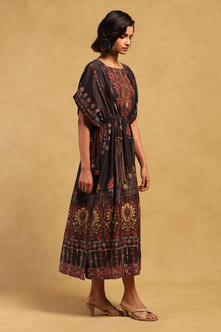 Buy Ritu Kumar Black Cotton, Voile Embroidery Round Neck Kiraj Abstract Pattern Gathered Dress Online at Aza Fashions Buy_Ritu Kumar_Black Cotton, Voile Embroidery Round Neck Kiraj Abstract Pattern Gathered Dress_Online_at_Aza_Fashions