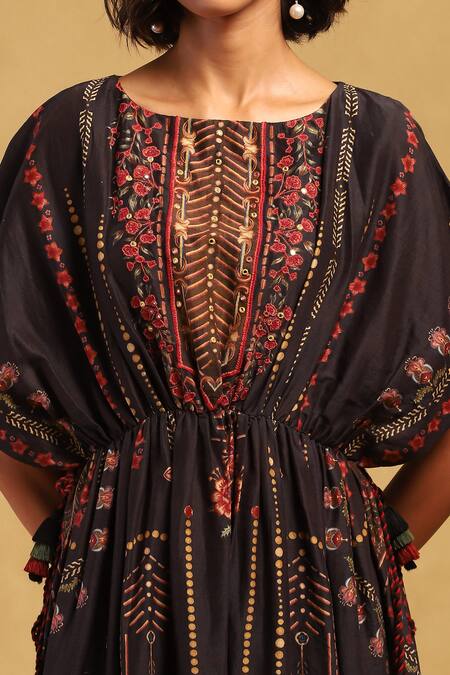 Shop Ritu Kumar Black Cotton, Voile Embroidery Round Neck Kiraj Abstract Pattern Gathered Dress Online at Aza Fashions Shop_Ritu Kumar_Black Cotton, Voile Embroidery Round Neck Kiraj Abstract Pattern Gathered Dress_Online_at_Aza_Fashions