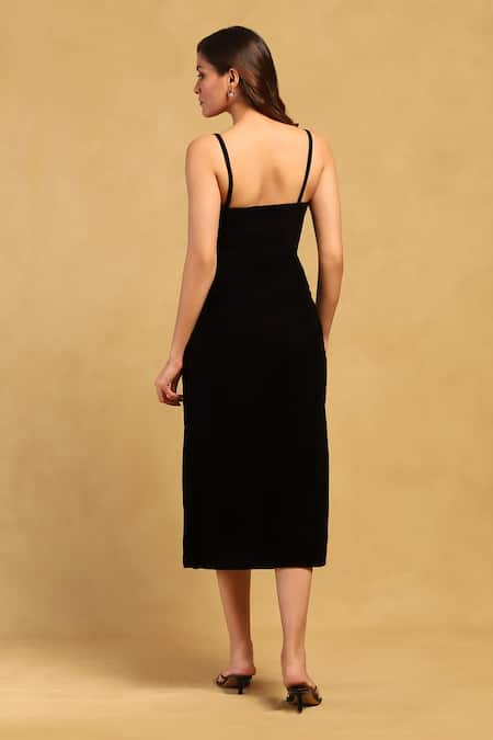 Shop_Ritu Kumar_Black Silk Velvet Embroidered Geo Applique Square Midi Dress _at_Aza_Fashions