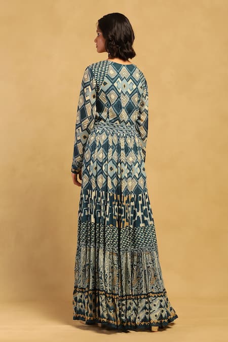 Shop Ritu Kumar Blue Viscose, Chiffon Sweetheart Neck Meraki Border Maxi Dress at Aza Fashions Shop_Ritu Kumar_Blue Viscose, Chiffon Sweetheart Neck Meraki Border Maxi Dress _at_Aza_Fashions