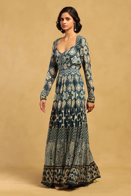 Ritu Kumar Blue Viscose, Chiffon Sweetheart Neck Meraki Border Maxi Dress Online at Aza Fashions Ritu Kumar_Blue Viscose, Chiffon Sweetheart Neck Meraki Border Maxi Dress _Online_at_Aza_Fashions