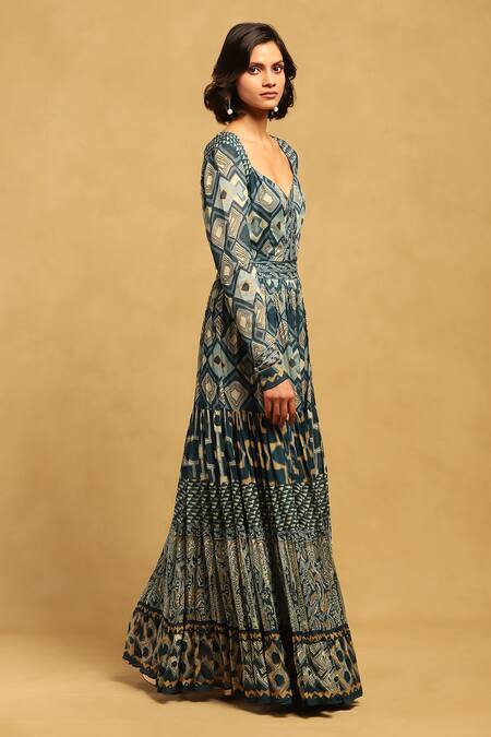 Buy Ritu Kumar Blue Viscose, Chiffon Sweetheart Neck Meraki Border Maxi Dress Online at Aza Fashions Buy_Ritu Kumar_Blue Viscose, Chiffon Sweetheart Neck Meraki Border Maxi Dress _Online_at_Aza_Fashions