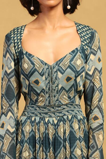 Shop Ritu Kumar Blue Viscose, Chiffon Sweetheart Neck Meraki Border Maxi Dress Online at Aza Fashions Shop_Ritu Kumar_Blue Viscose, Chiffon Sweetheart Neck Meraki Border Maxi Dress _Online_at_Aza_Fashions