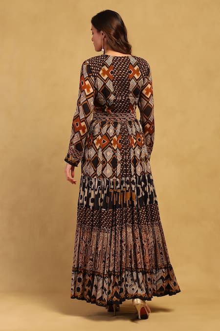 Shop Ritu Kumar Brown Viscose, Chiffon Sweetheart Neck Meraki Printed Maxi Dress at Aza Fashions Shop_Ritu Kumar_Brown Viscose, Chiffon Sweetheart Neck Meraki Printed Maxi Dress _at_Aza_Fashions