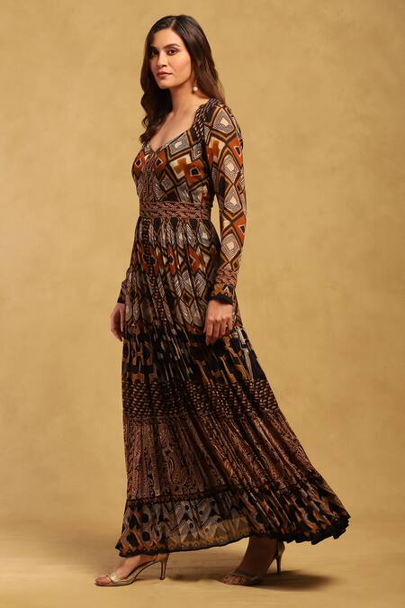 Ritu Kumar Brown Viscose, Chiffon Sweetheart Neck Meraki Printed Maxi Dress Online at Aza Fashions Ritu Kumar_Brown Viscose, Chiffon Sweetheart Neck Meraki Printed Maxi Dress _Online_at_Aza_Fashions