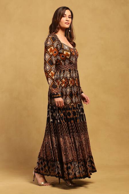 Buy Ritu Kumar Brown Viscose, Chiffon Sweetheart Neck Meraki Printed Maxi Dress Online at Aza Fashions Buy_Ritu Kumar_Brown Viscose, Chiffon Sweetheart Neck Meraki Printed Maxi Dress _Online_at_Aza_Fashions