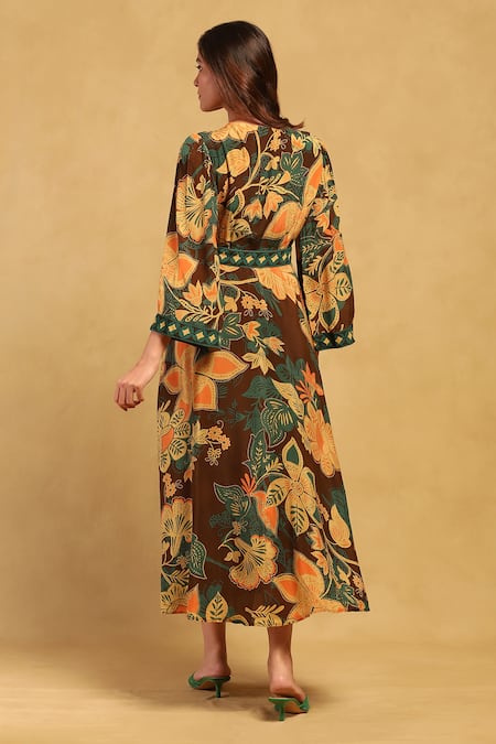 Shop Ritu Kumar Brown Viscose, Crepe V-neck Anisa Printed Midi Dress at Aza Fashions Shop_Ritu Kumar_Brown Viscose, Crepe V-neck Anisa Printed Midi Dress _at_Aza_Fashions