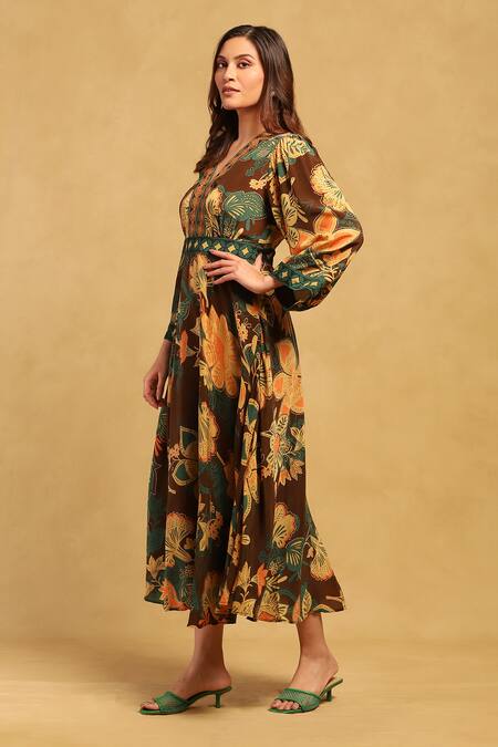 Ritu Kumar Brown Viscose, Crepe V-neck Anisa Printed Midi Dress Online at Aza Fashions Ritu Kumar_Brown Viscose, Crepe V-neck Anisa Printed Midi Dress _Online_at_Aza_Fashions