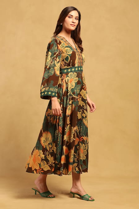 Buy Ritu Kumar Brown Viscose, Crepe V-neck Anisa Printed Midi Dress Online at Aza Fashions Buy_Ritu Kumar_Brown Viscose, Crepe V-neck Anisa Printed Midi Dress _Online_at_Aza_Fashions