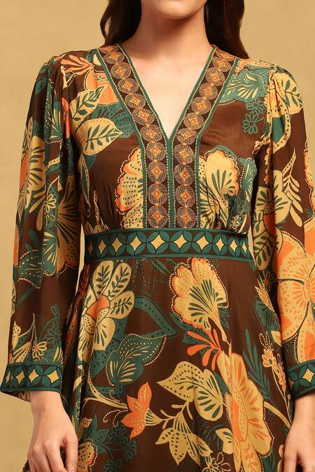 Shop Ritu Kumar Brown Viscose, Crepe V-neck Anisa Printed Midi Dress Online at Aza Fashions Shop_Ritu Kumar_Brown Viscose, Crepe V-neck Anisa Printed Midi Dress _Online_at_Aza_Fashions