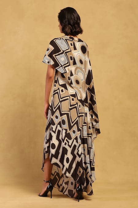 Shop_Ritu Kumar_Black Viscose, Crepe Asymmetric Meraki Kimono Sleeves Dress _at_Aza_Fashions