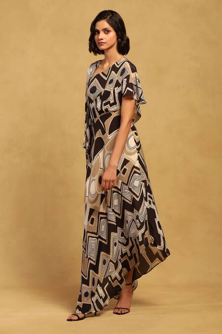 Ritu Kumar_Black Viscose, Crepe Asymmetric Meraki Kimono Sleeves Dress _Online_at_Aza_Fashions