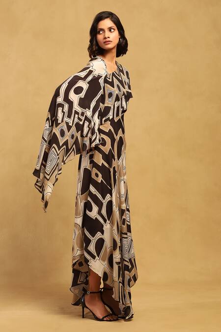 Buy_Ritu Kumar_Black Viscose, Crepe Asymmetric Meraki Kimono Sleeves Dress _Online_at_Aza_Fashions