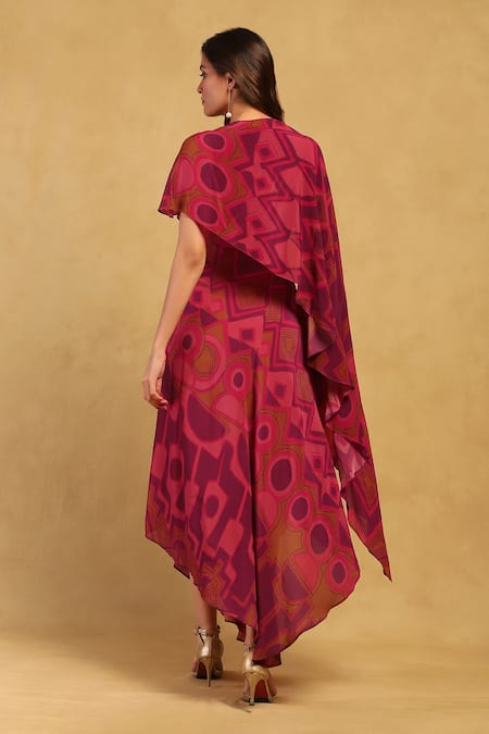 Shop_Ritu Kumar_Pink Viscose, Crepe Asymmetric Meraki Printed Dress _at_Aza_Fashions
