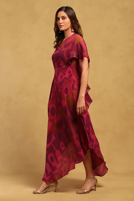 Ritu Kumar_Pink Viscose, Crepe Asymmetric Meraki Printed Dress _Online_at_Aza_Fashions