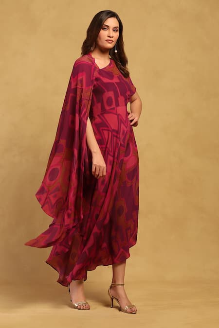 Buy_Ritu Kumar_Pink Viscose, Crepe Asymmetric Meraki Printed Dress _Online_at_Aza_Fashions
