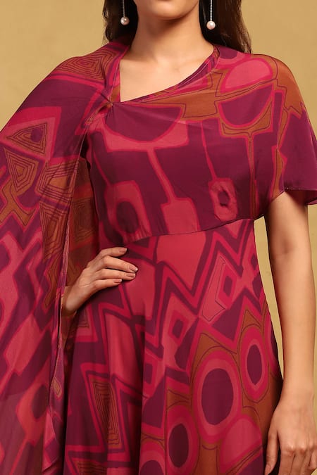 Shop_Ritu Kumar_Pink Viscose, Crepe Asymmetric Meraki Printed Dress _Online_at_Aza_Fashions