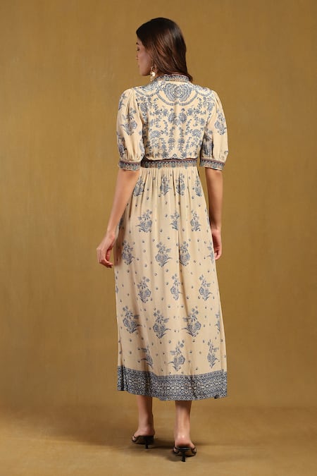 Shop Ritu Kumar Beige Viscose, Crepe V-neck Sulawasi Printed Maxi Dress at Aza Fashions Shop_Ritu Kumar_Beige Viscose, Crepe V-neck Sulawasi Printed Maxi Dress _at_Aza_Fashions