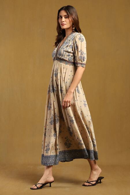 Ritu Kumar Beige Viscose, Crepe V-neck Sulawasi Printed Maxi Dress Online at Aza Fashions Ritu Kumar_Beige Viscose, Crepe V-neck Sulawasi Printed Maxi Dress _Online_at_Aza_Fashions