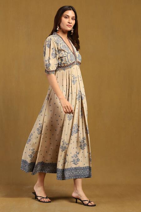 Buy Ritu Kumar Beige Viscose, Crepe V-neck Sulawasi Printed Maxi Dress Online at Aza Fashions Buy_Ritu Kumar_Beige Viscose, Crepe V-neck Sulawasi Printed Maxi Dress _Online_at_Aza_Fashions