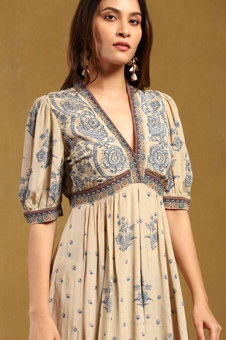 Shop Ritu Kumar Beige Viscose, Crepe V-neck Sulawasi Printed Maxi Dress Online at Aza Fashions Shop_Ritu Kumar_Beige Viscose, Crepe V-neck Sulawasi Printed Maxi Dress _Online_at_Aza_Fashions