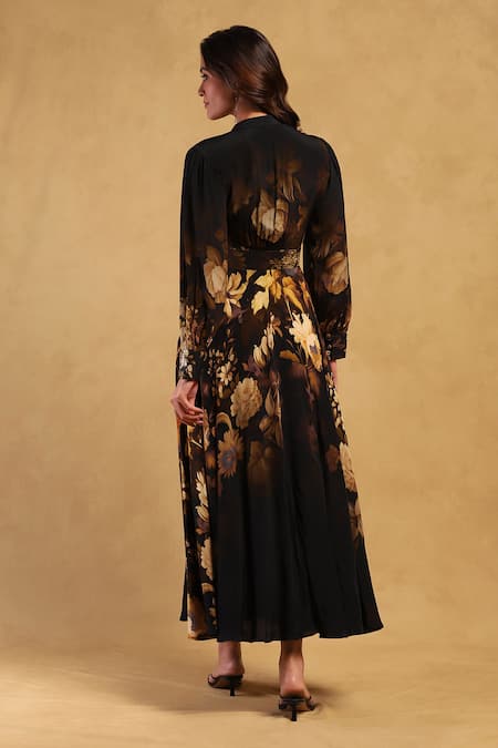 Shop_Ritu Kumar_Black Viscose, Crepe Embroidery Bandeau Neck Genevieve Maxi Dress _at_Aza_Fashions