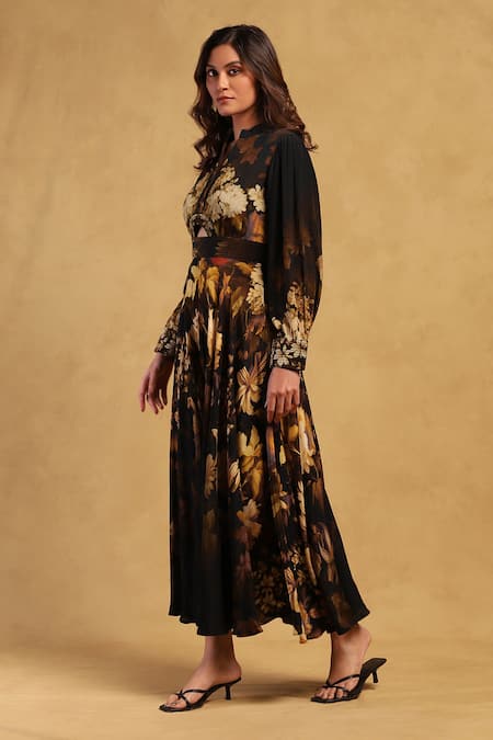 Ritu Kumar_Black Viscose, Crepe Embroidery Bandeau Neck Genevieve Maxi Dress _Online_at_Aza_Fashions