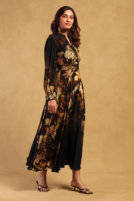 Buy_Ritu Kumar_Black Viscose, Crepe Embroidery Bandeau Neck Genevieve Maxi Dress _Online_at_Aza_Fashions