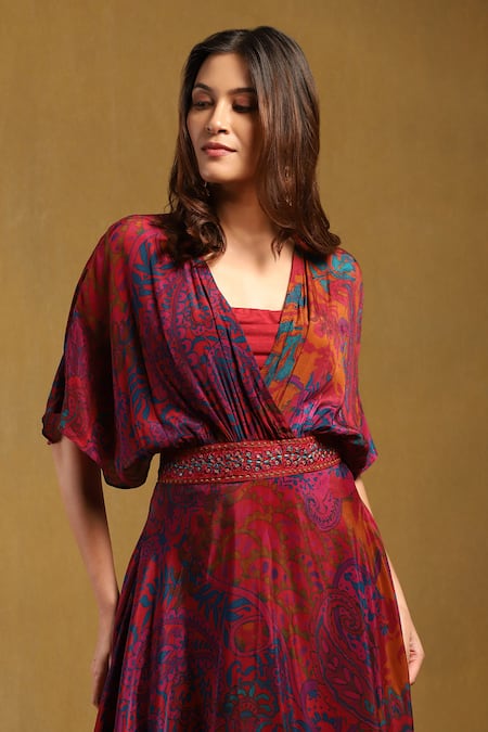 Ritu Kumar_Pink Viscose V-neck Dewey Asymmetric Printed Dress _Online_at_Aza_Fashions