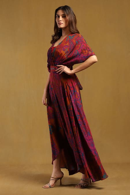Buy_Ritu Kumar_Pink Viscose V-neck Dewey Asymmetric Printed Dress _Online_at_Aza_Fashions